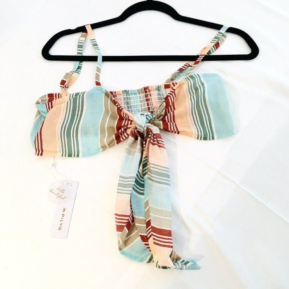 Pilyq Stripe Smocked Mini Skirt +Tie Top Sz XS Beach Cover Up 2Pc Swim Resort - Picture 4 of 12